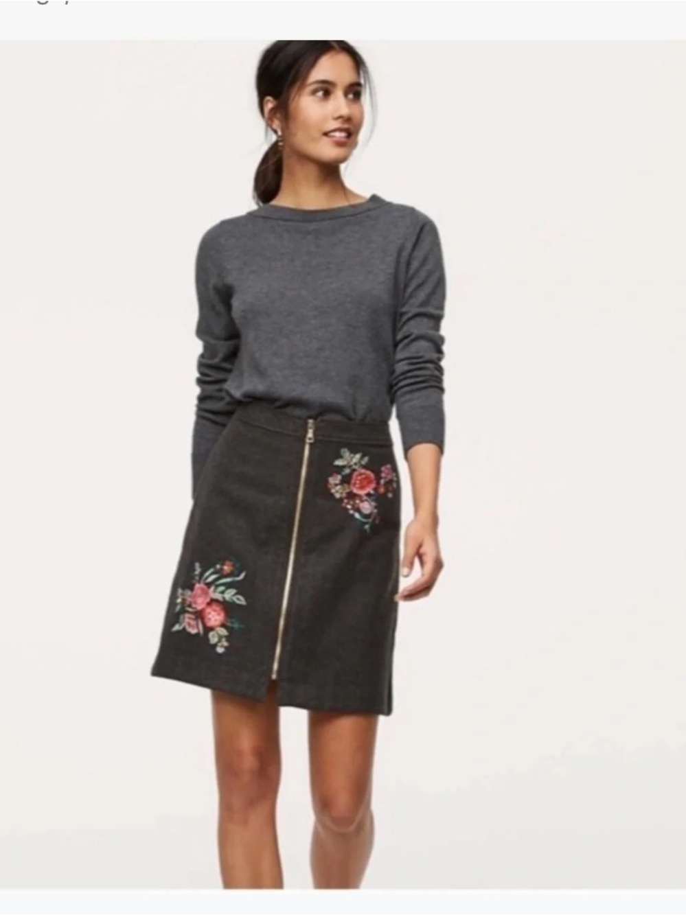 LOFT Embroidered  A-line Wool blend  Skirt with Zippered Front